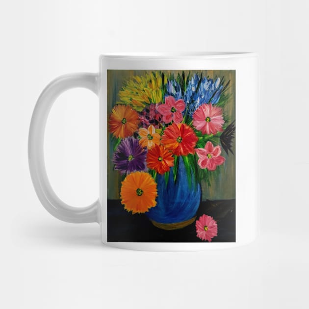 Some abstract vibrant colorful flowers in a glass vase with gold accent on base and top of vase by kkartwork